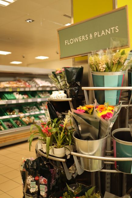 A display of various potted plants and fresh flower bouquets located in a floral section of a supermarket. The arrangement includes pink, yellow, and orange flowers, along with green foliage, wrapped